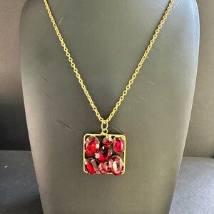 Vintage Red Rhinestone Pendant Necklace Gold Tone